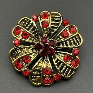 Yellow Gold with Ruby Red and Garnet Red Crystal Round Flower Pin Back Brooch